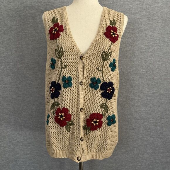 Jantzen Crochet Sweater Vest Womens M 3D Knit Floral Boho Hippie Cottagecore Vtg - Picture 2 of 15